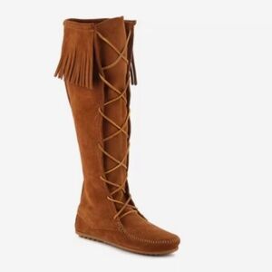 Minnetonka Brown Suede Leather Fringed Lace-up Tall Moccasin Boots Sz. 8